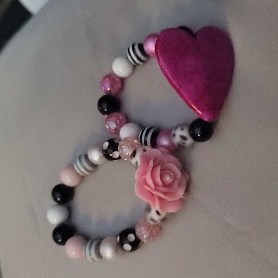 Set Of Two Brightly Beaded Bracelets Heart Rose 10$
